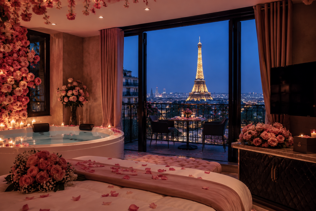 Love Rooms Paris, décoration en rose, avec Jacuzzi Privati et vue sur la Tour eiffel